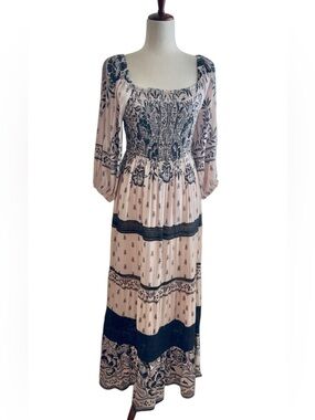 Angie Blush Pink and Black Printed Smocked Maxi Dress